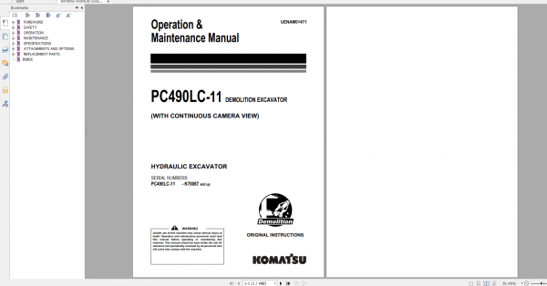 Komatsu Hydraulic Excavator PC490LC 11 Operation Maintenance Manual UENAM01471 2018