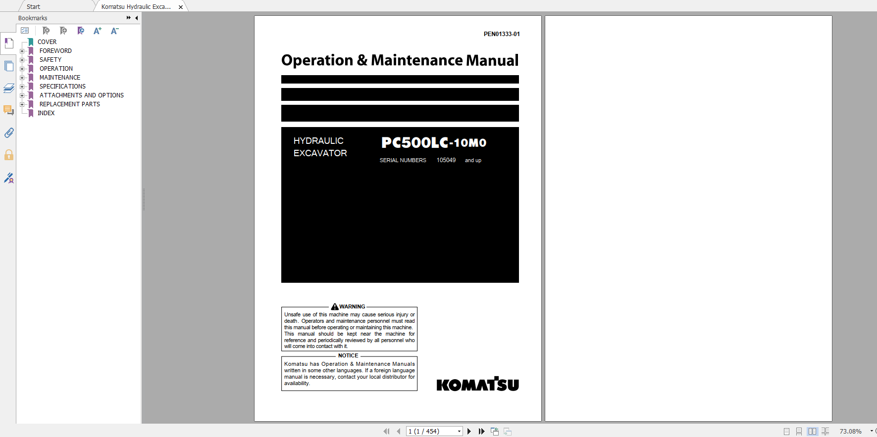 Komatsu Hydraulic Excavator PC500LC 10M0 Operation Maintenance Manual PEN01333 01 2020