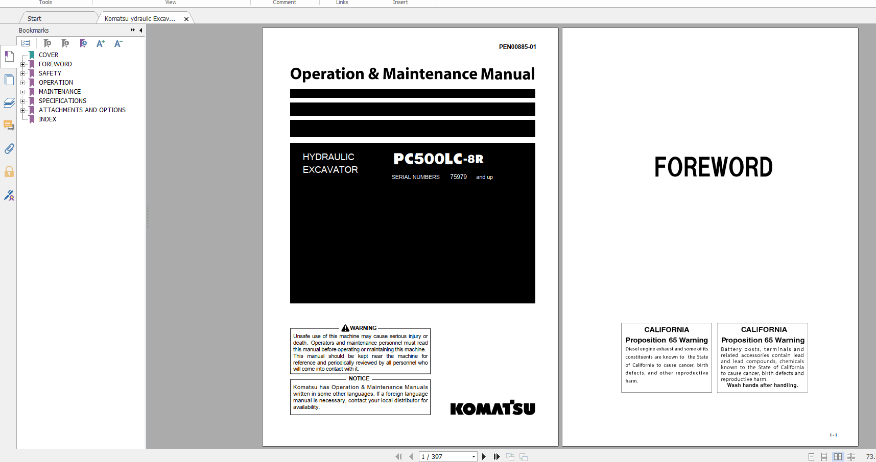 Komatsu Hydraulic Excavator PC500LC 8R Operation Maintenance Manual PEN00885 01 2019
