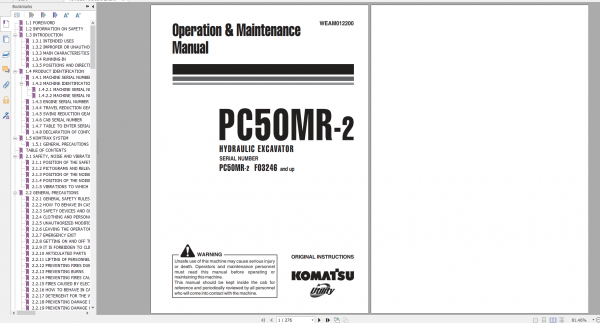 Komatsu Hydraulic Excavator PC50MR 2 Operation Maintenance Manual WEAM012200 2009