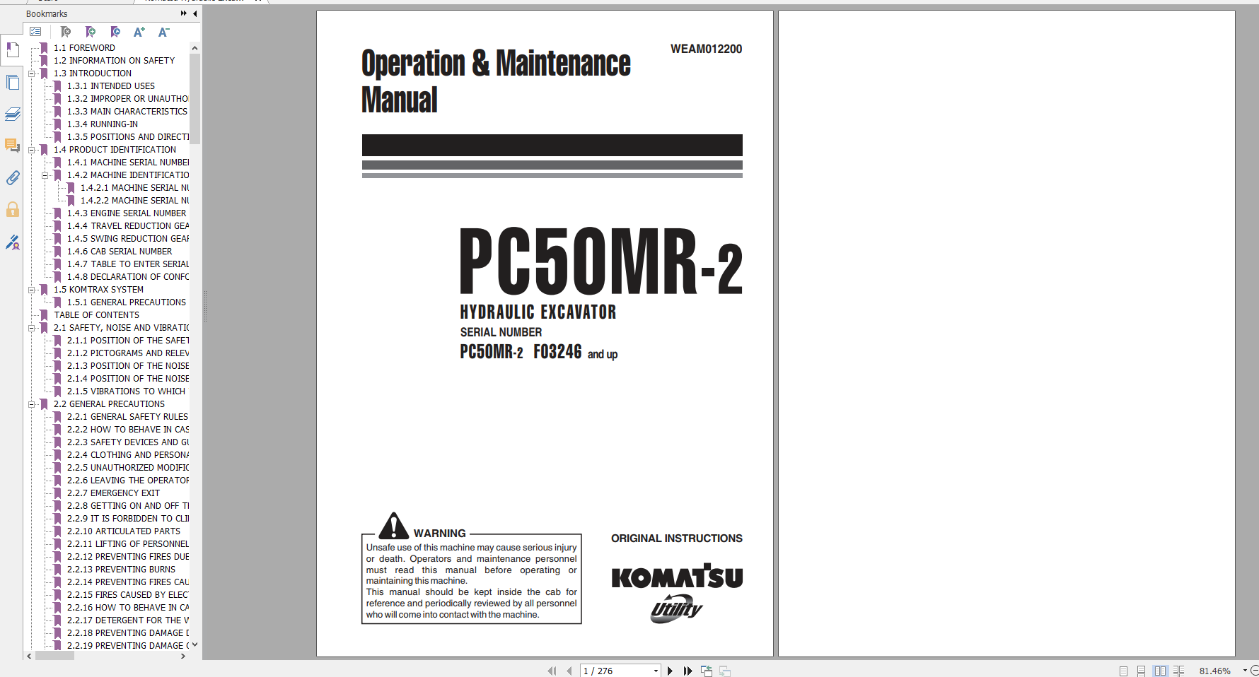 Komatsu Hydraulic Excavator PC50MR 2 Operation Maintenance Manual WEAM012200 2009