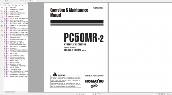 Komatsu Hydraulic Excavator PC50MR 2 Operation Maintenance Manual WEAM012201 2010
