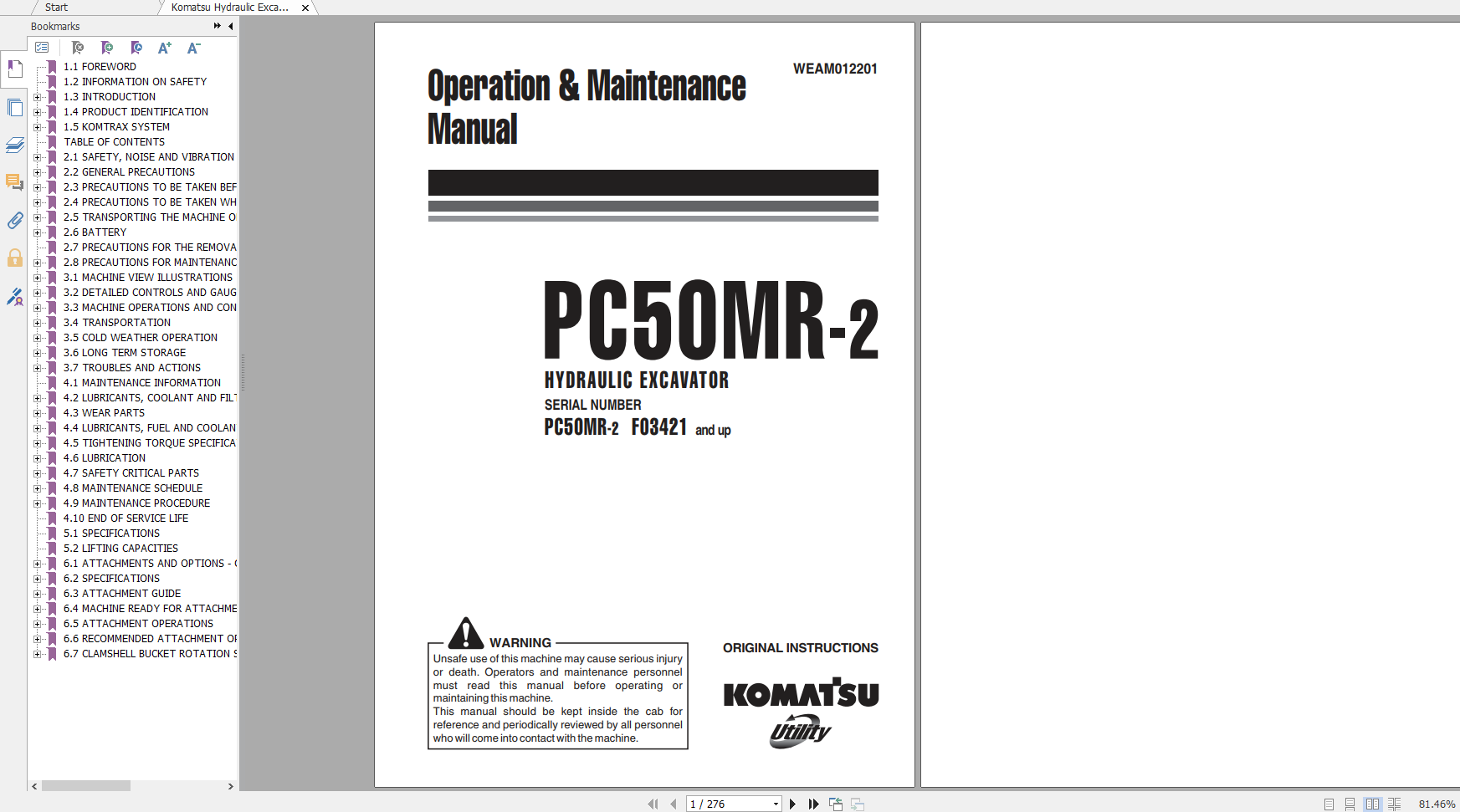 Komatsu Hydraulic Excavator PC50MR 2 Operation Maintenance Manual WEAM012201 2010