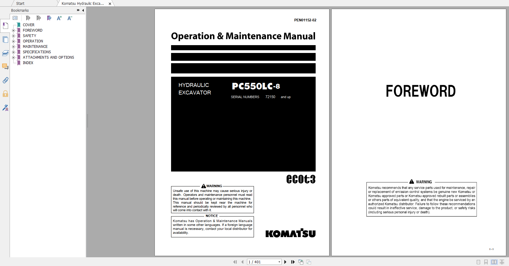 Komatsu Hydraulic Excavator PC550LC 8 Operation Maintenance Manual PEN01152 02 2019