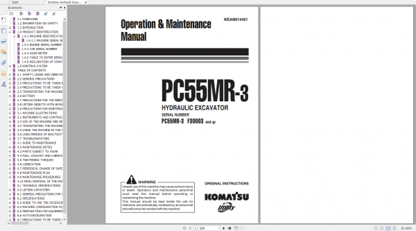 Komatsu Hydraulic Excavator PC55MR 3 Operation Maintenance Manual WEAM014401 2011