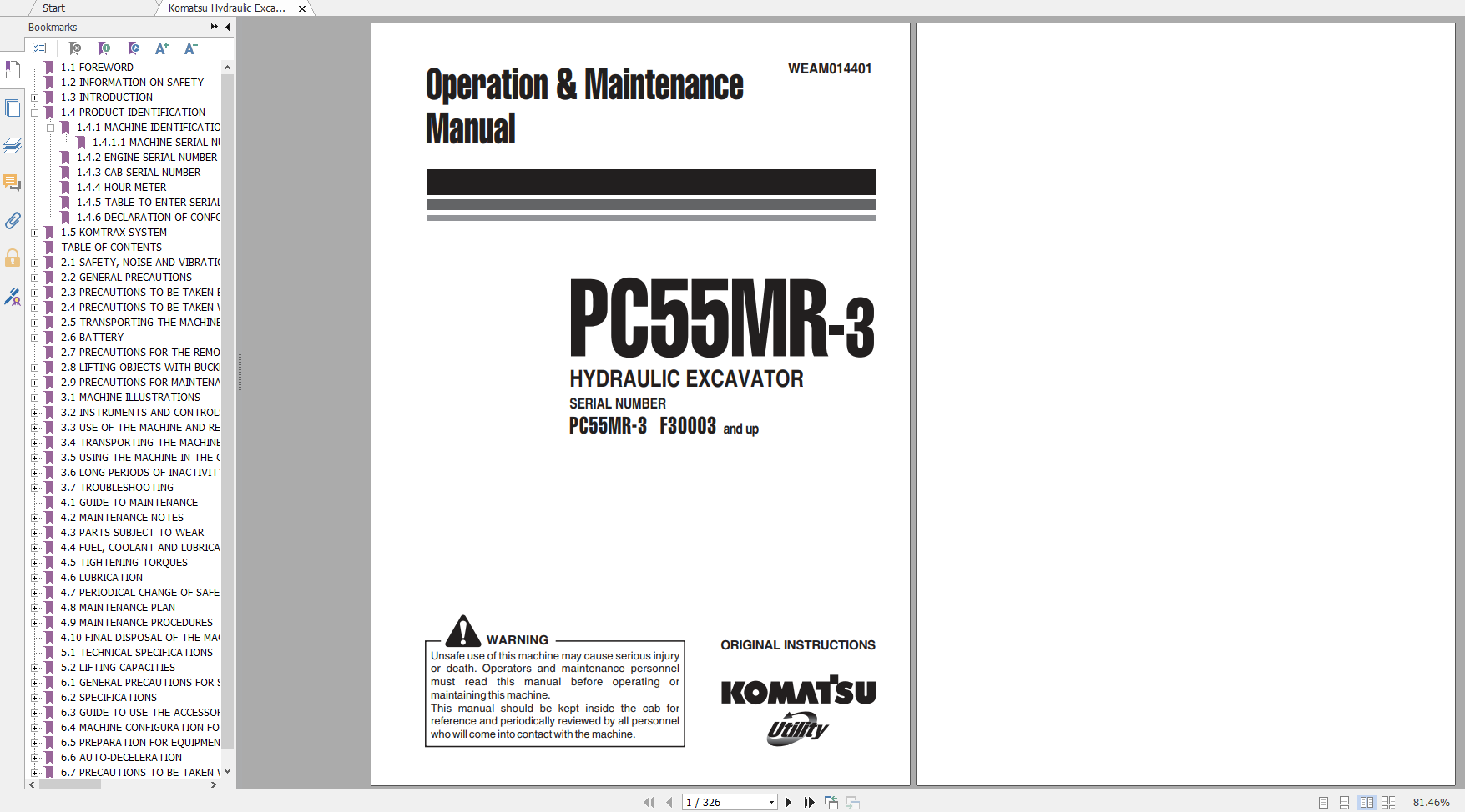 Komatsu Hydraulic Excavator PC55MR 3 Operation Maintenance Manual WEAM014401 2011