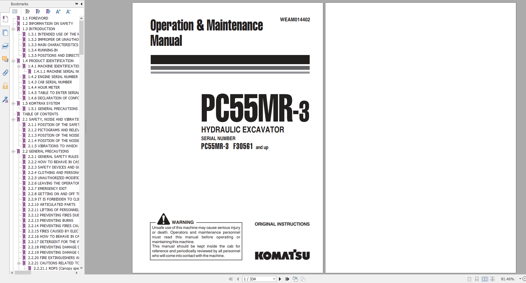 Komatsu Hydraulic Excavator PC55MR 3 Operation Maintenance Manual WEAM014402 2012