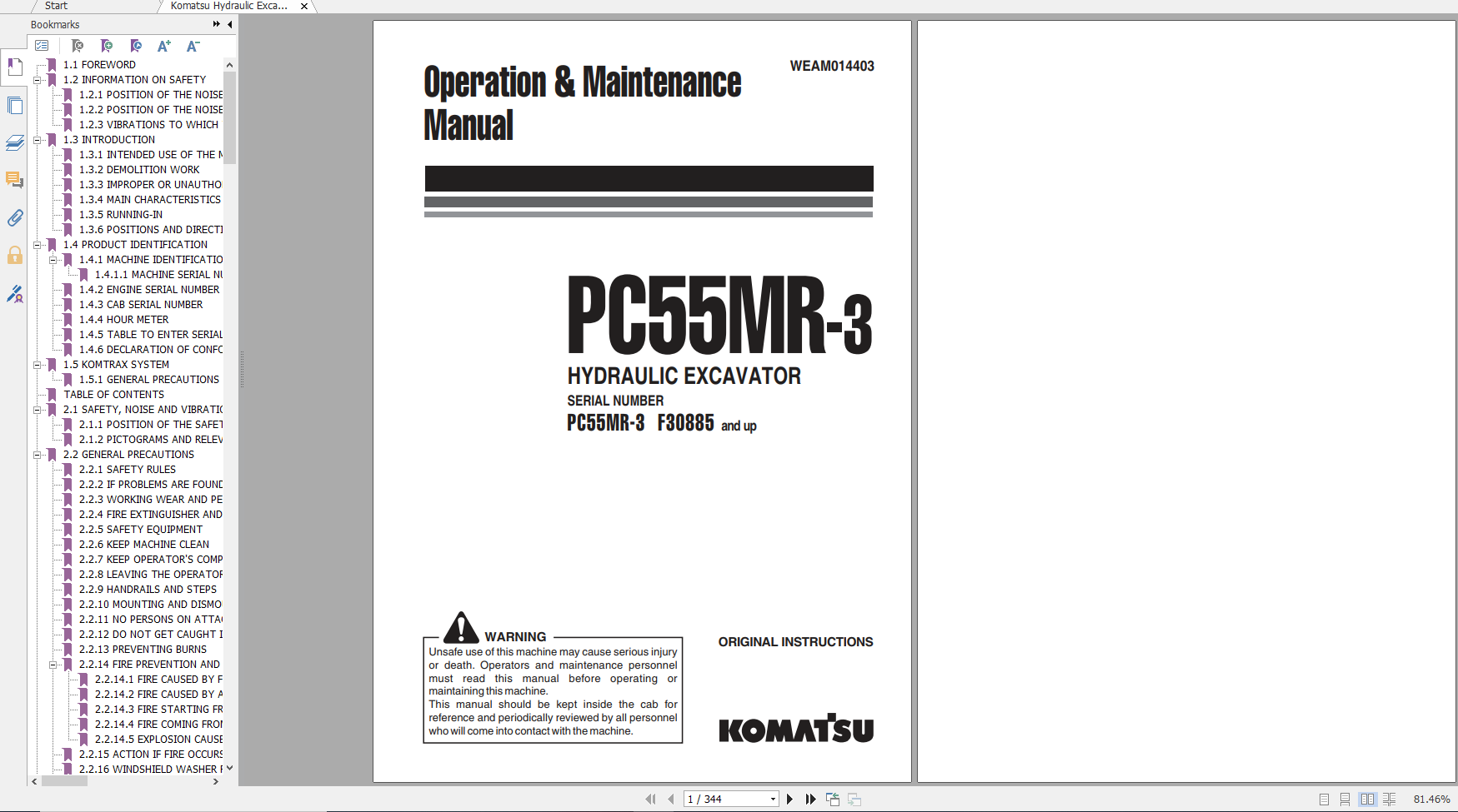 Komatsu Hydraulic Excavator PC55MR 3 Operation Maintenance Manual WEAM014403 2014