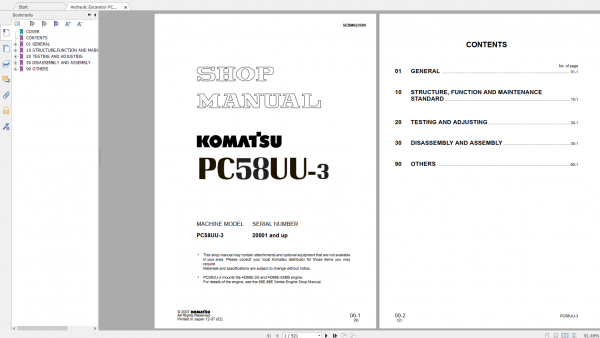 Komatsu Hydraulic Excavator PC58UU 3 Shop Manual SEBM023909 2007