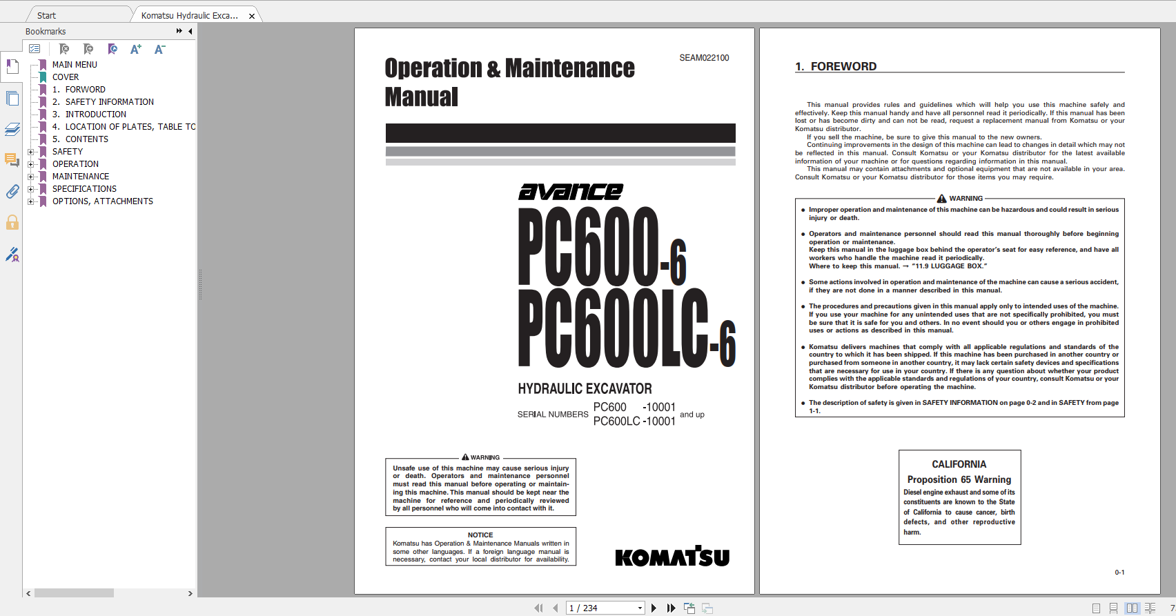 Komatsu Hydraulic Excavator PC600 6 PC600LC 6 Operation Maintenance Manual SEAD022100