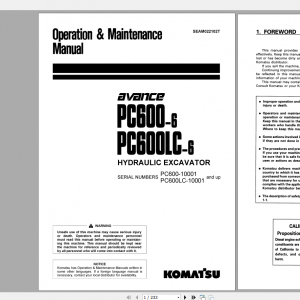 Komatsu Hydraulic Excavator PC600 6 PC600LC 6 Operation Maintenance Manual SEAM022102T 2000