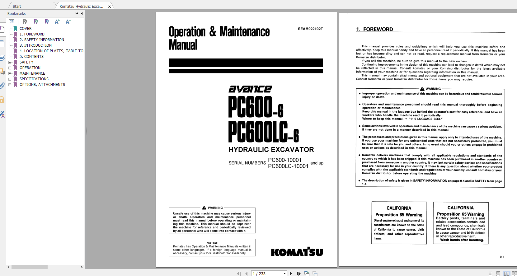 Komatsu Hydraulic Excavator PC600 6 PC600LC 6 Operation Maintenance Manual SEAM022102T 2000