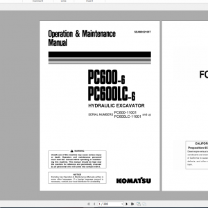 Komatsu Hydraulic Excavator PC600 6 PC600LC 6 Operation Maintenance Manual SEAM022108T 2003