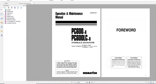 Komatsu Hydraulic Excavator PC600 6 PC600LC 6 Operation Maintenance Manual SEAM022108T 2003