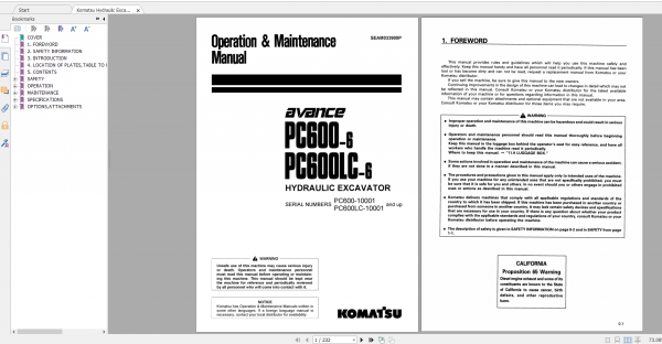Komatsu Hydraulic Excavator PC600 6 PC600LC 6 Operation Maintenance Manual SEAM033900P 1999