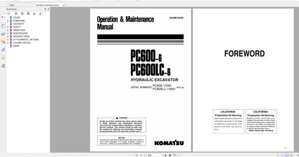 Komatsu Hydraulic Excavator PC600 6 PC600LC 6 Operation Maintenance Manual SEAM033905P 2003