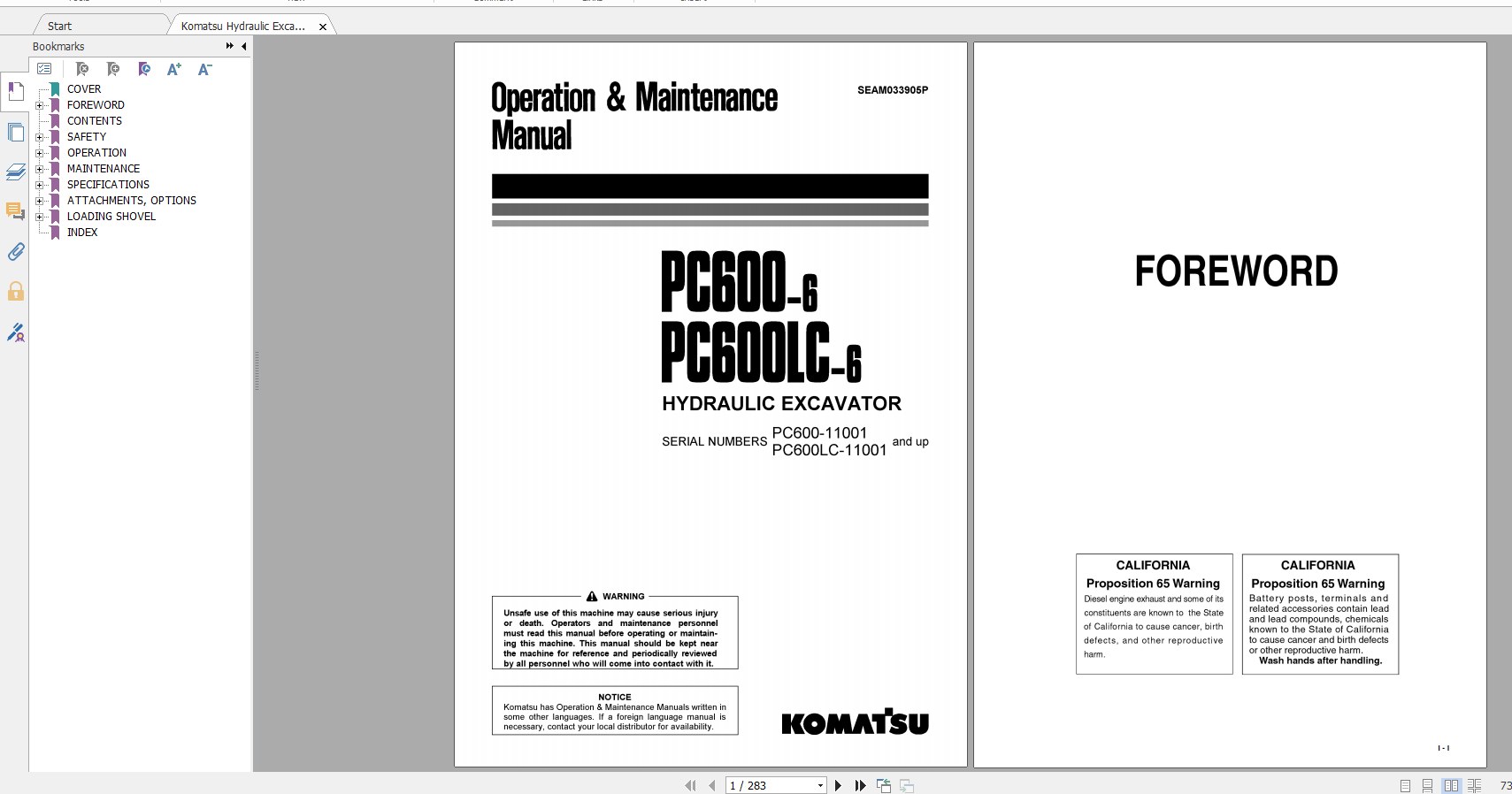 Komatsu Hydraulic Excavator PC600 6 PC600LC 6 Operation Maintenance Manual SEAM033905P 2003