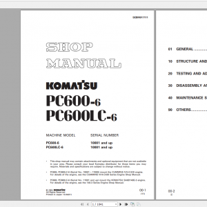 Komatsu Hydraulic Excavator PC600 6 PC600LC 6 Shop Manual SEBM017111 2004