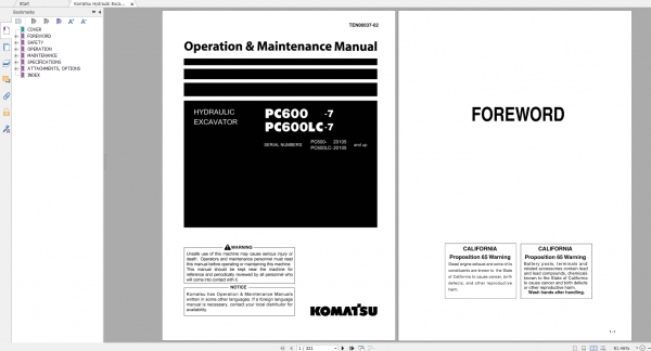 Komatsu Hydraulic Excavator PC600 7 PC600LC 7 Operation Maintenance Manual TEN00037 02 2008