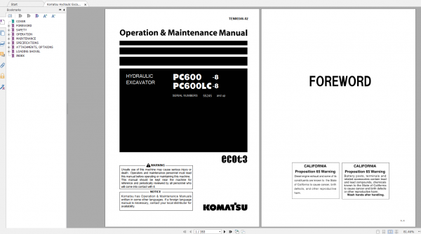 Komatsu Hydraulic Excavator PC600 8 PC600LC 8 Operation Maintenance Manual TEN00346 02 2010