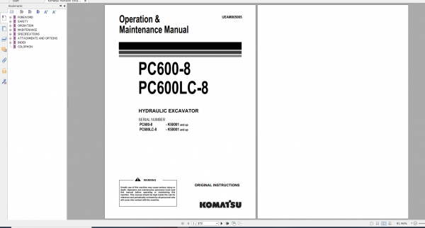 Komatsu Hydraulic Excavator PC600 8 PC600LC 8 Operation Maintenance Manual UEAM005005 2011