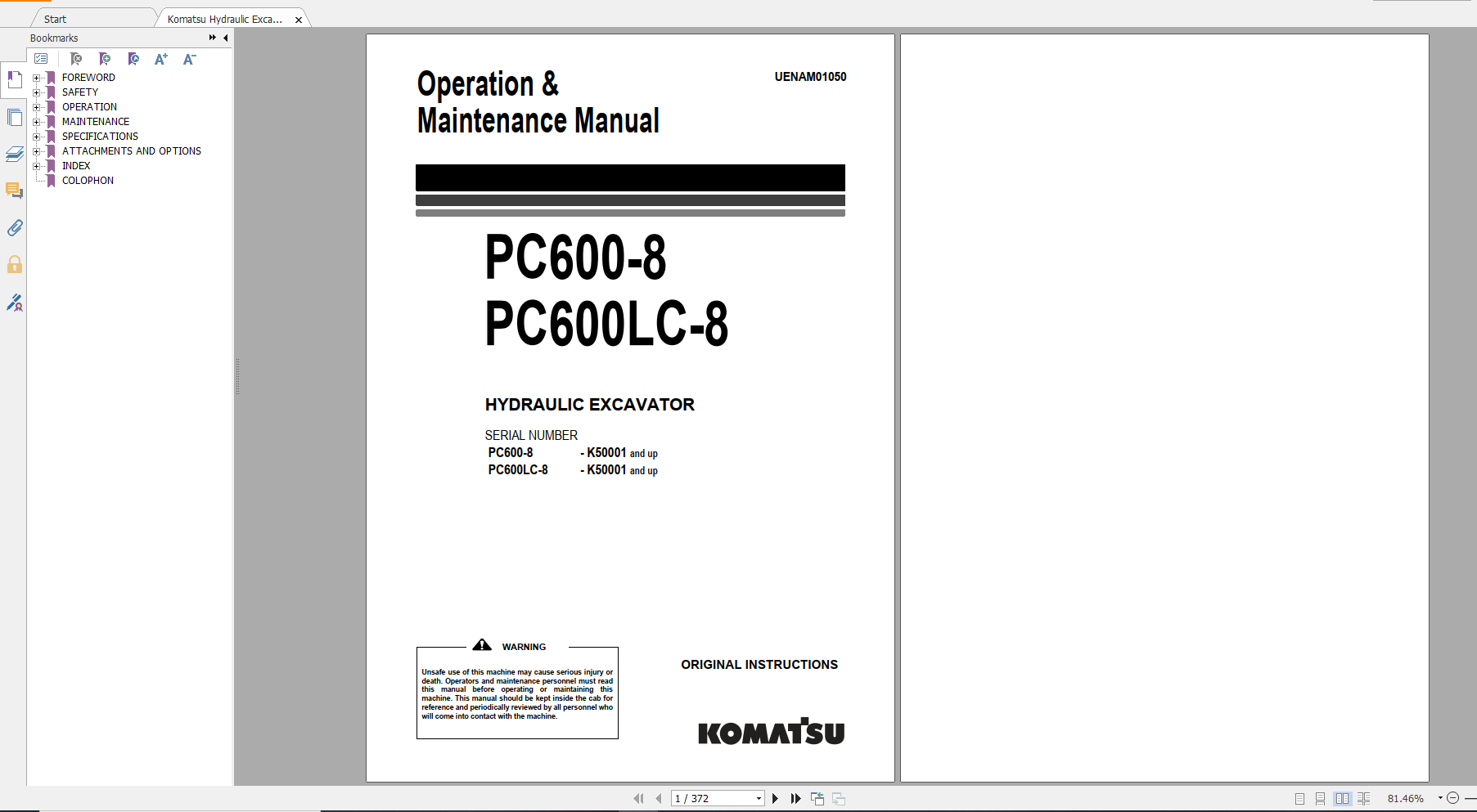 Komatsu Hydraulic Excavator PC600 8 PC600LC 8 Operation Maintenance Manual UENAM01050 2014