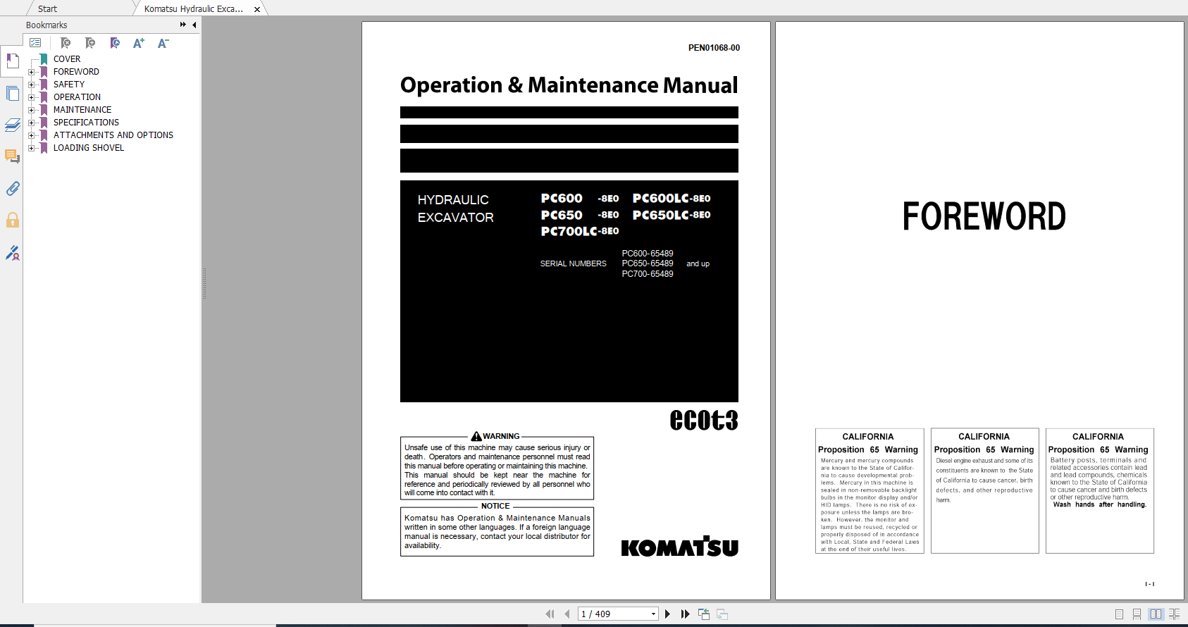 Komatsu Hydraulic Excavator PC600 8E0 PC600LC 8E0 PC650 8E0 PC650LC 8E0 PC700LC 8E0 Operation Maintenance Manual PEN01068 00 2019
