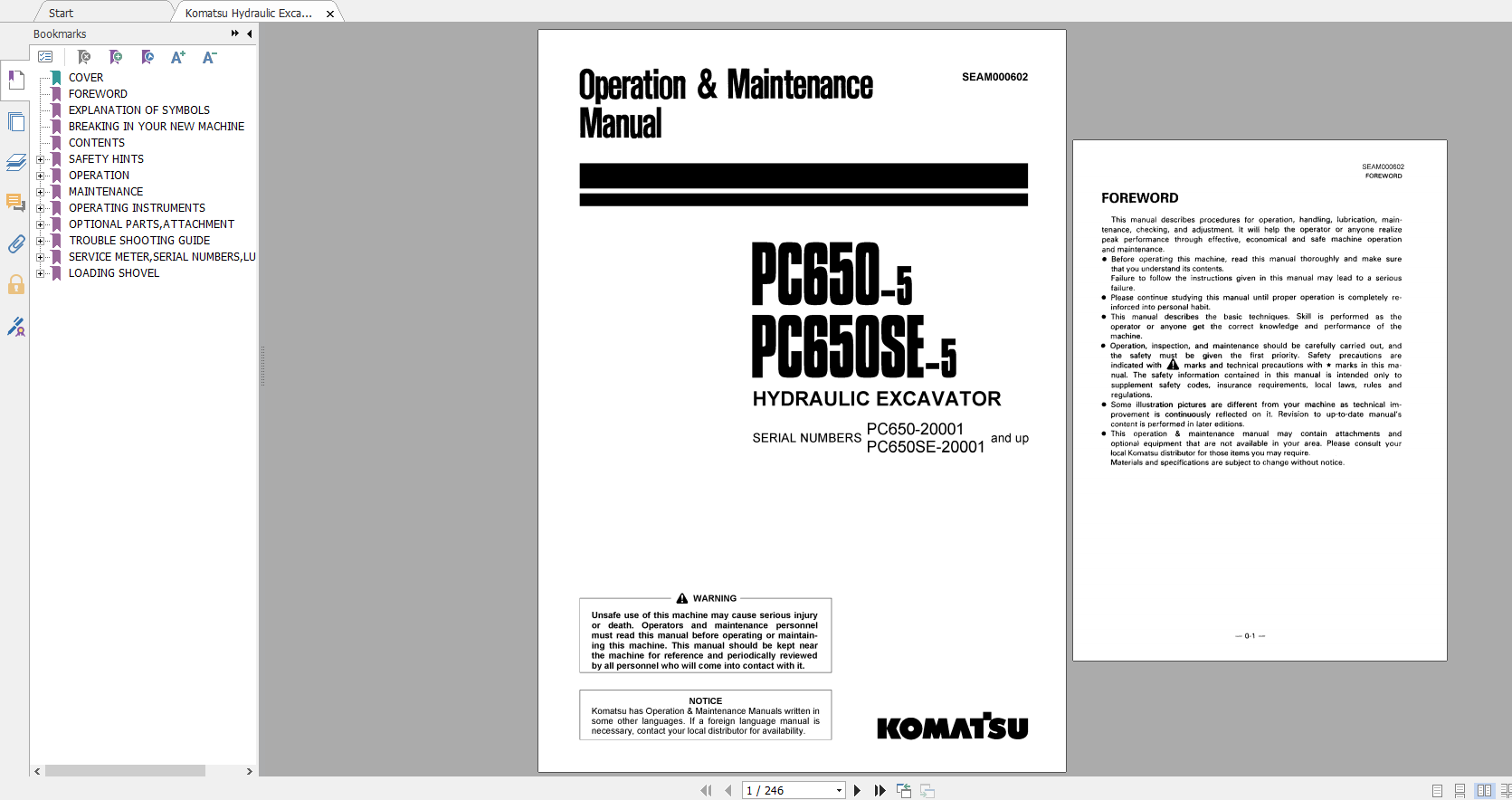 Komatsu Hydraulic Excavator PC650 5 PC650SE 5 Operation Maintenance Manual SEAM000602