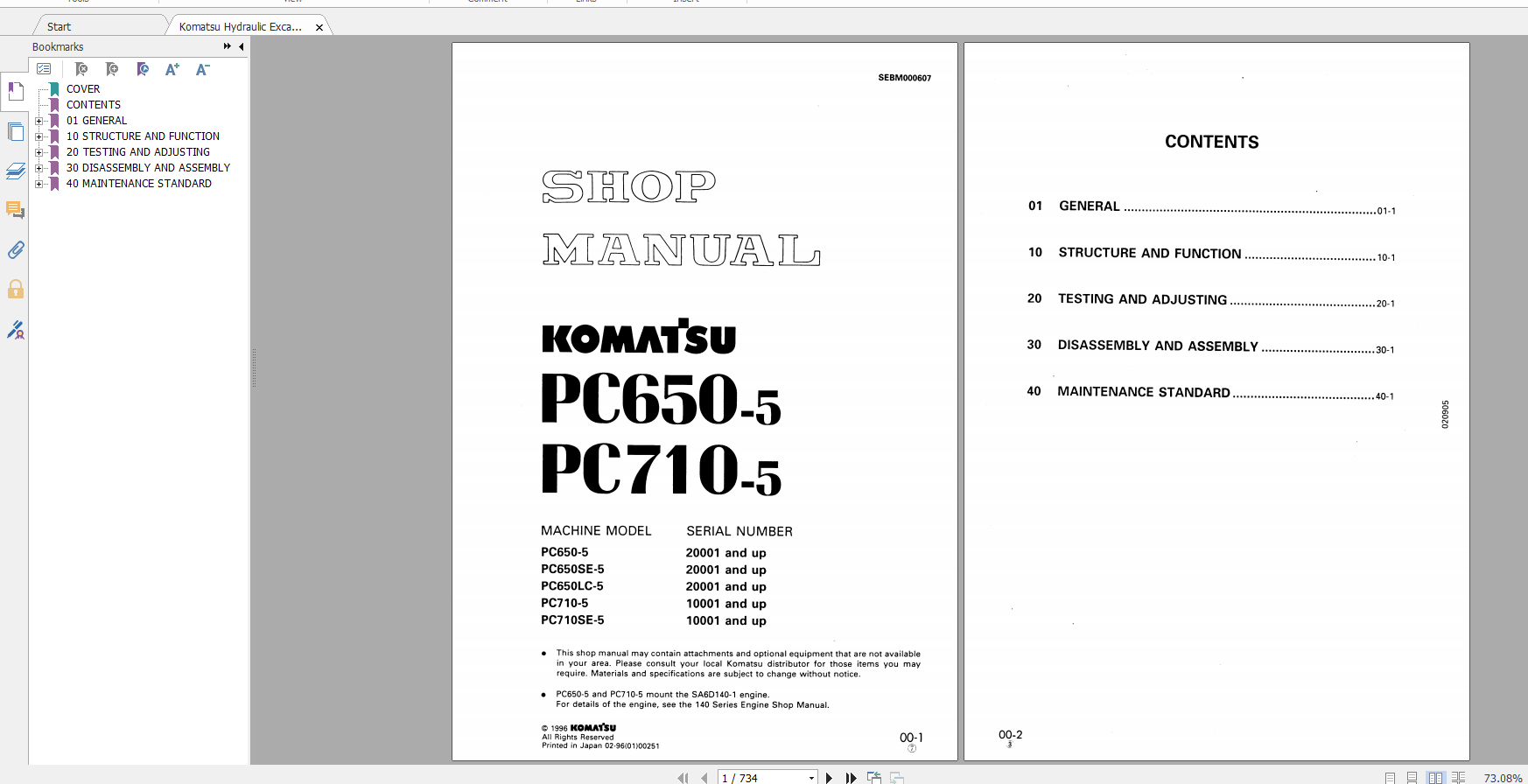 Komatsu Hydraulic Excavator PC650 5 PC710 5 Shop Manual SEBM000607 1996