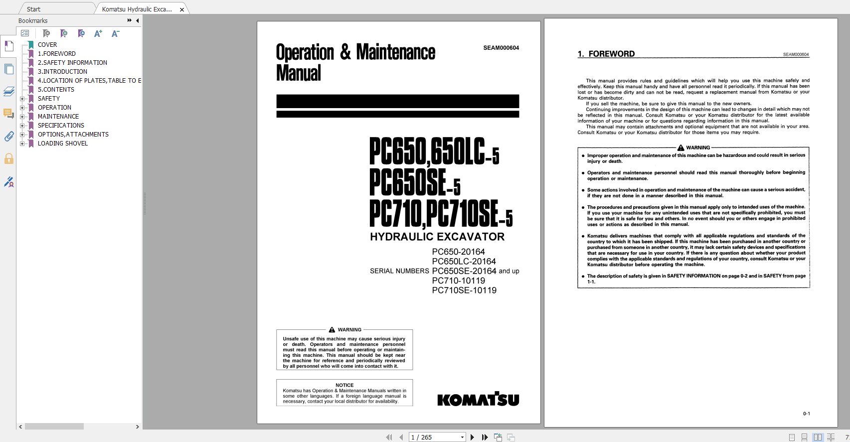 Komatsu Hydraulic Excavator PC650650LC 5 PC650SE 5 PC710 PC710SE 5 Operation Maintenance Manual SEAM000604