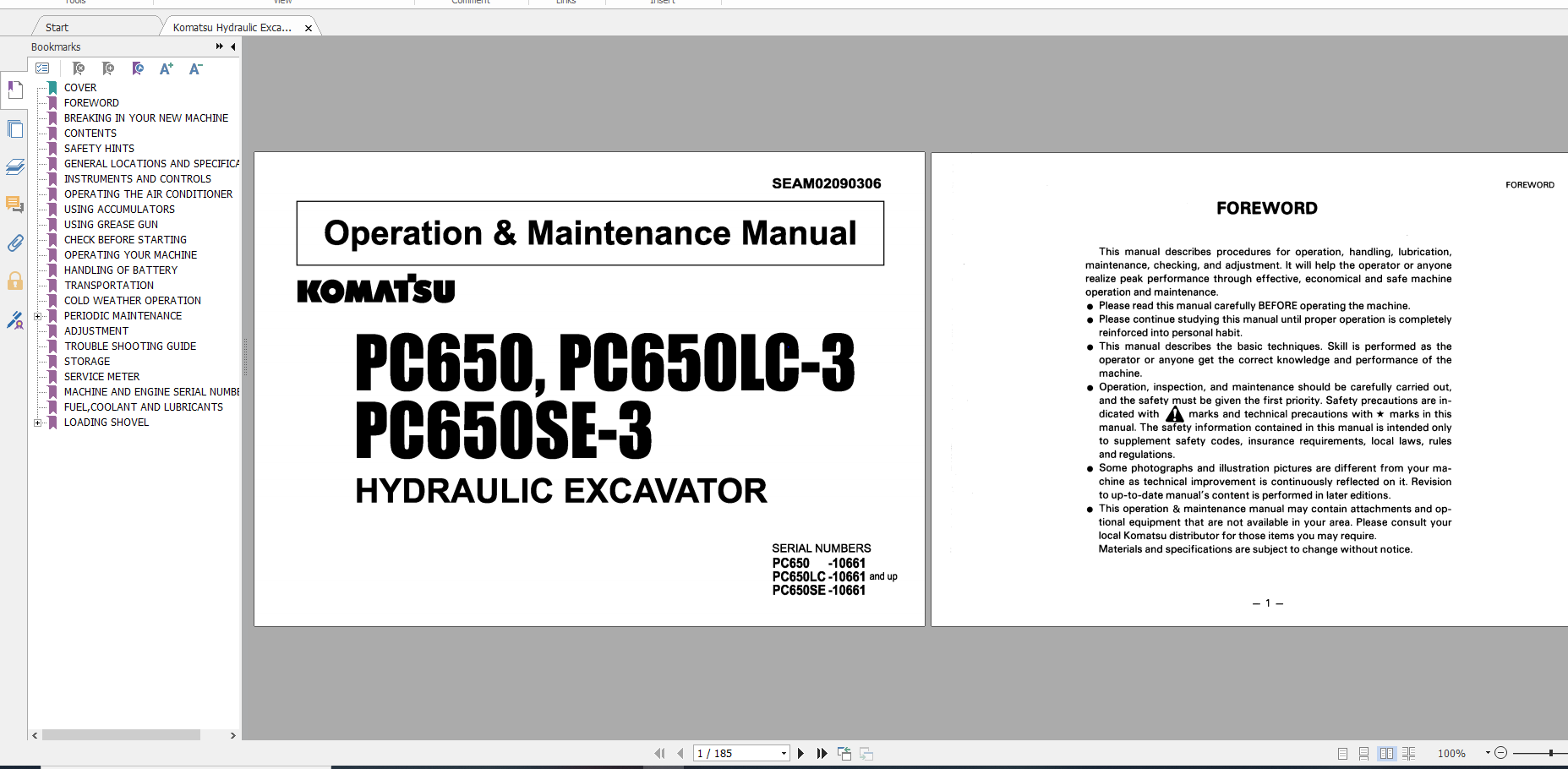 Komatsu Hydraulic Excavator PC650PC650LC 3 PC650SE 3 Operation Maintenance Manual SEAM02090306