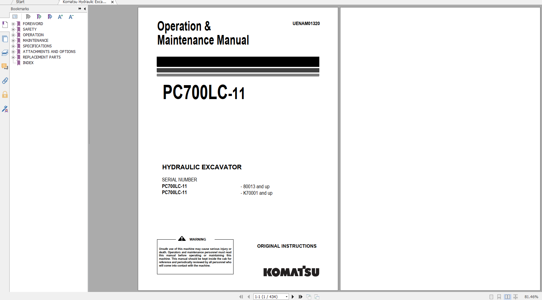 Komatsu Hydraulic Excavator PC700LC 11 Operation Maintenance Manual UENAM01320 2017