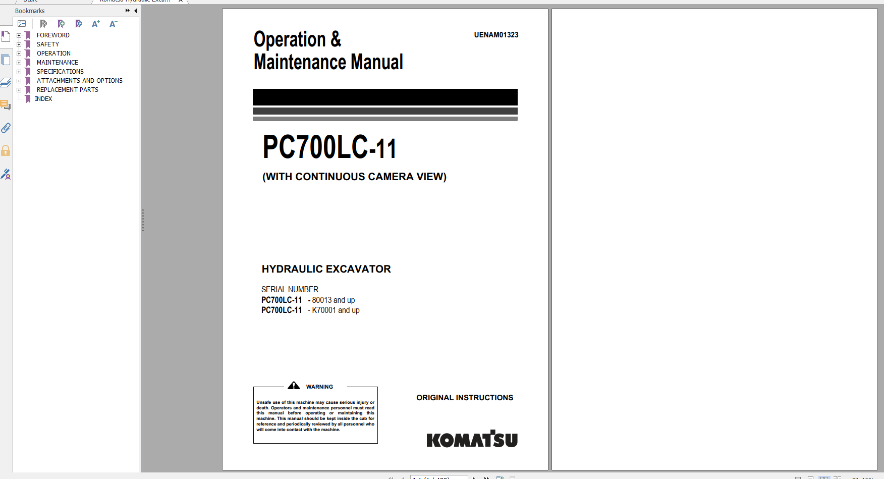 Komatsu Hydraulic Excavator PC700LC 11 Operation Maintenance Manual UENAM01323 2018