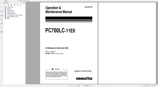 Komatsu Hydraulic Excavator PC700LC 11E0 Operation Maintenance Manual UENAM01652 2020
