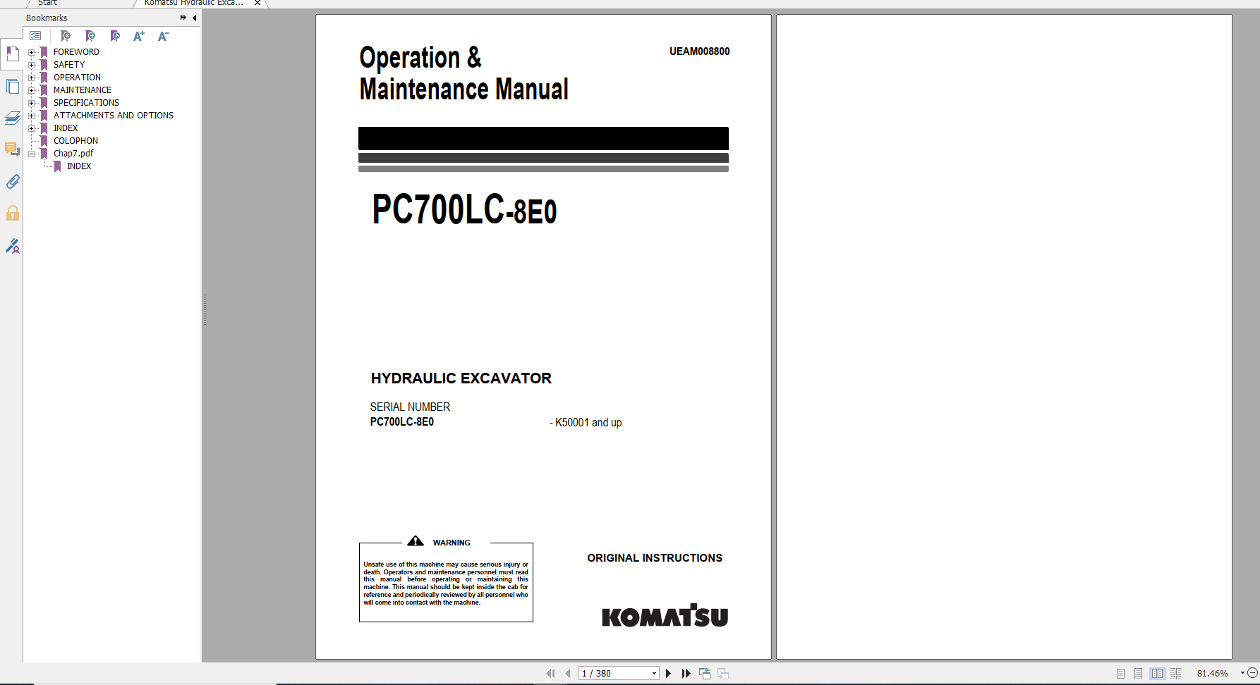 Komatsu Hydraulic Excavator PC700LC 8E0 Operation Maintenance Manual UEAM008800 2011