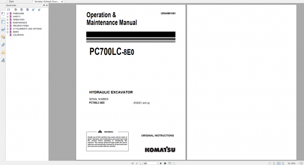 Komatsu Hydraulic Excavator PC700LC 8E0 Operation Maintenance Manual UENAM01061 2016