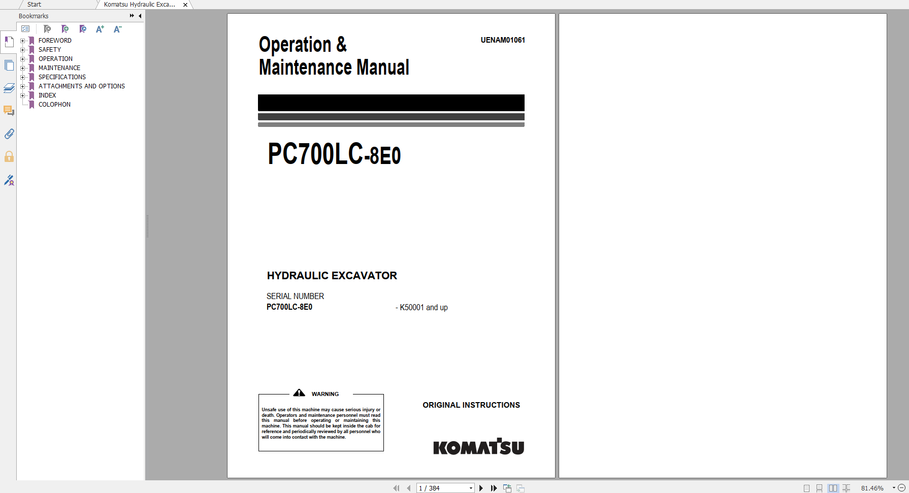 Komatsu Hydraulic Excavator PC700LC 8E0 Operation Maintenance Manual UENAM01061 2016