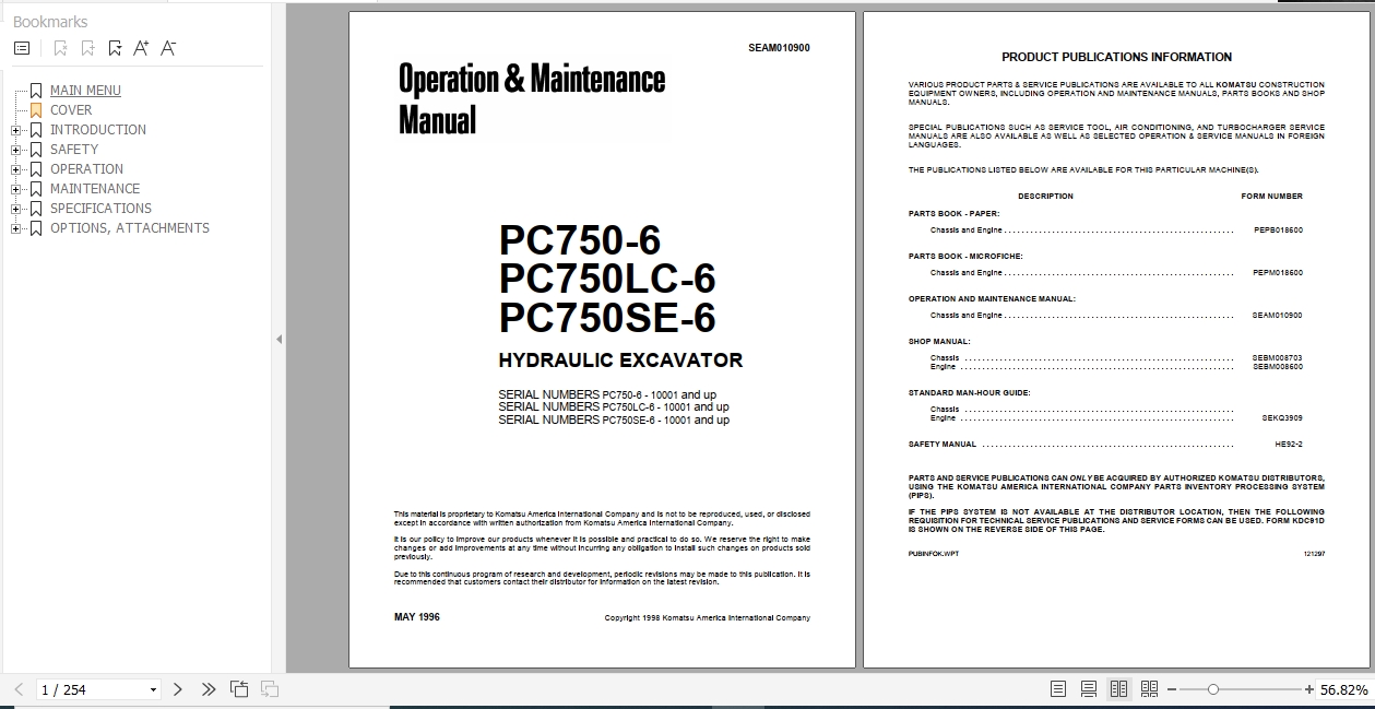 Komatsu Hydraulic Excavator PC750 6 PC750LC 6 PC750SE 6 Operation Maintenance Manual SEAD010900 1996