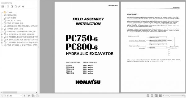 Komatsu Hydraulic Excavator PC750 6 PC800 6 Field Assembly Instruction SEAW001803 Komatsu Hydraulic Excavator PC750 6 PC800 6 Field Assembly Instruction SEAW001803