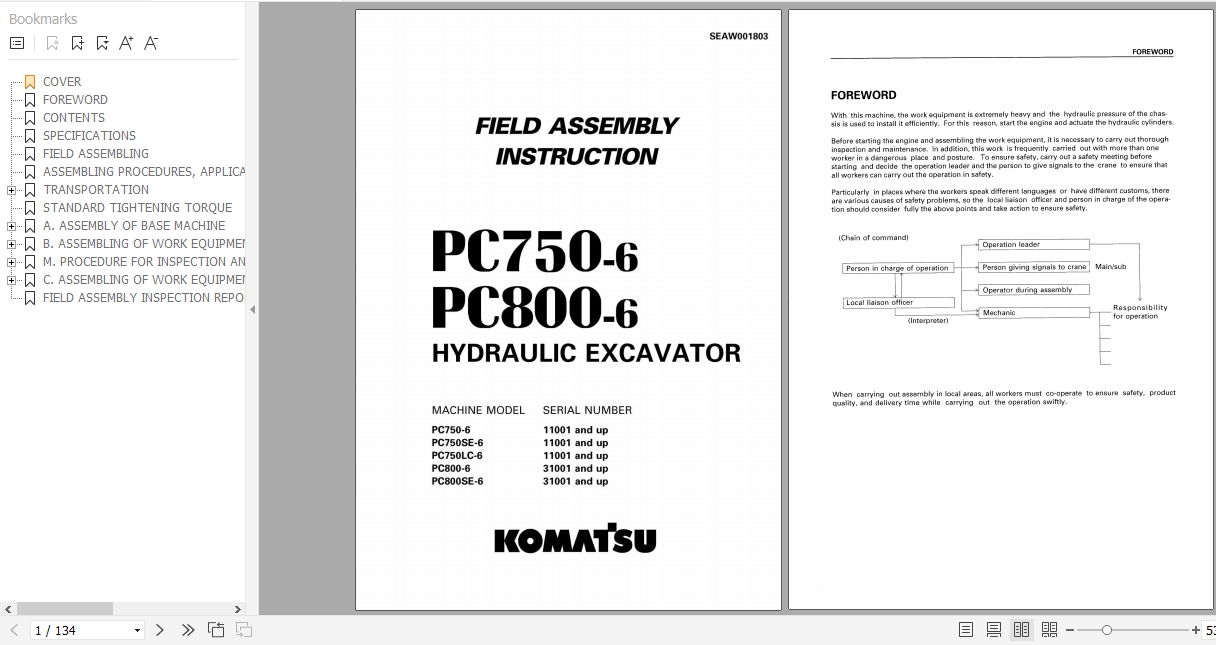 Komatsu Hydraulic Excavator PC750 6 PC800 6 Field Assembly Instruction SEAW001803