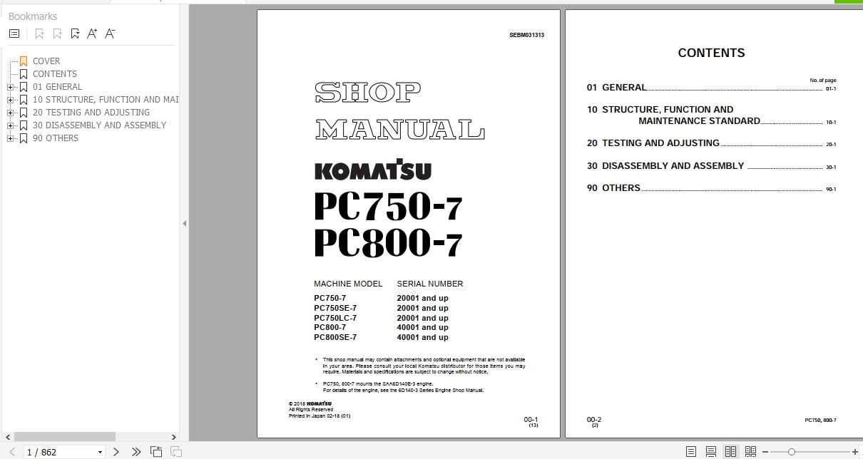 Komatsu Hydraulic Excavator PC750 7 PC800 7 Shop Manual SEBM031313 2018