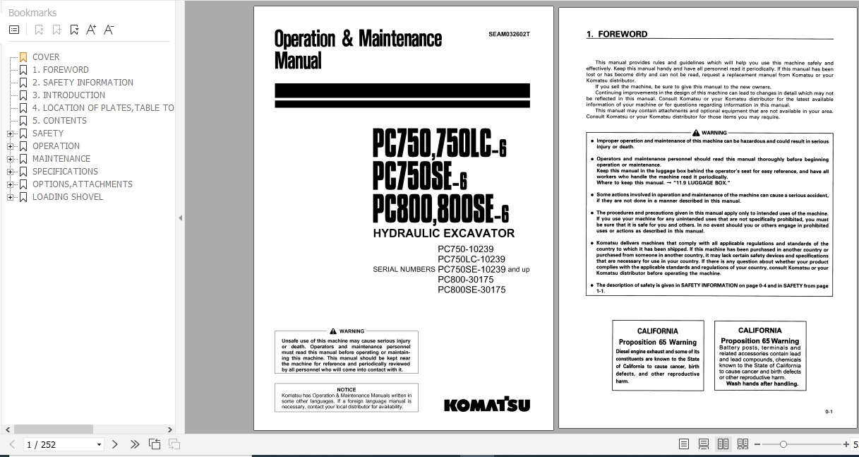 Komatsu Hydraulic Excavator PC750750LC 6 PC750SE 6 PC800800SE 6 Operation Maintenance Manual SEAM032602T 2000