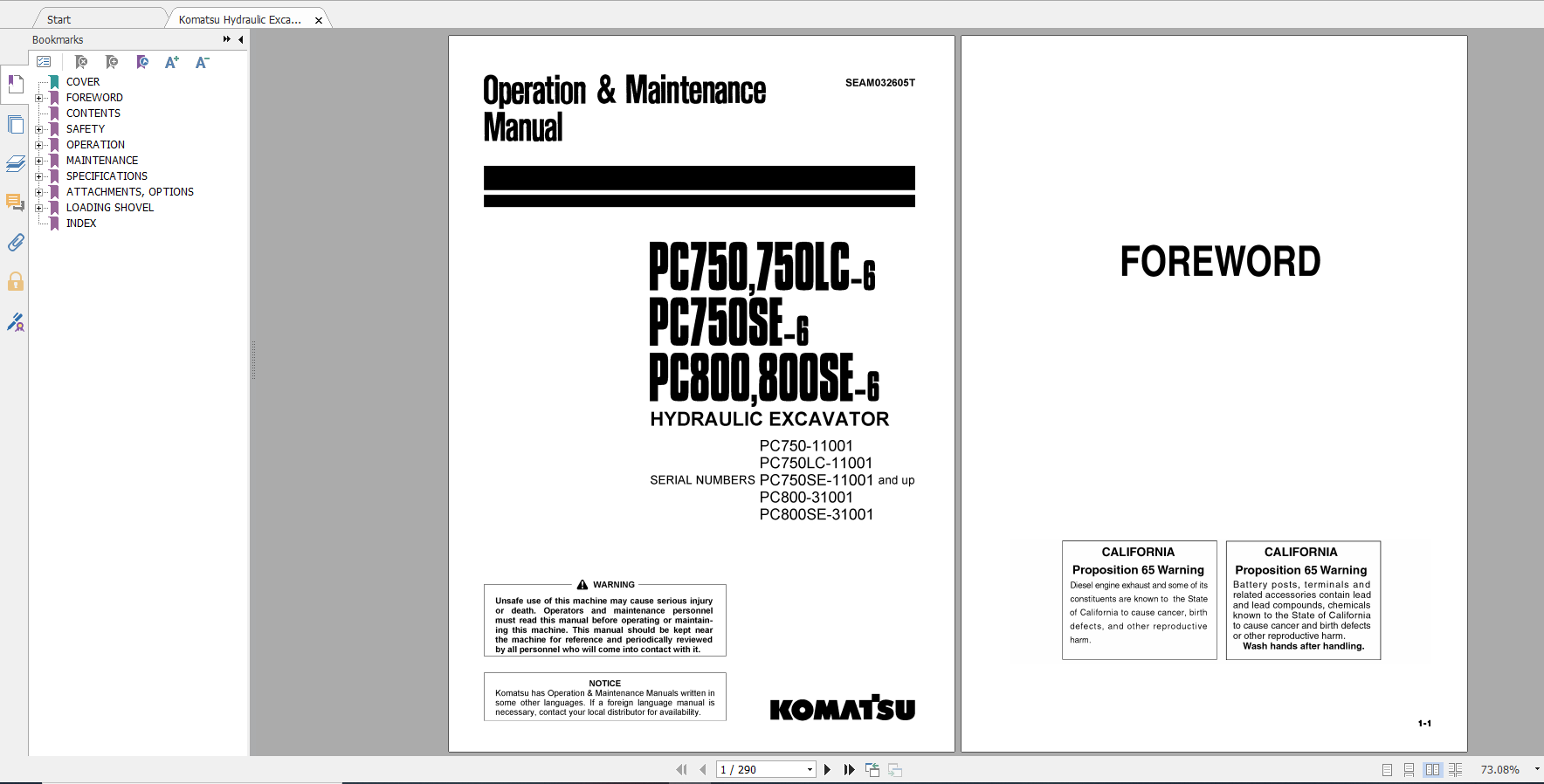 Komatsu Hydraulic Excavator PC750750LC 6 PC750SE 6 PC800800SE 6 Operation Maintenance Manual SEAM032605T 2003