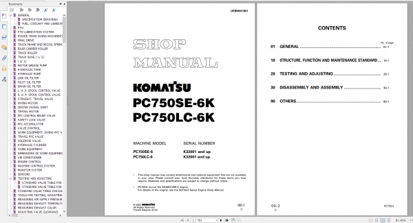 Komatsu Hydraulic Excavator PC750LC 6K PC750SE 6K Shop Manual UEBM001801 2002