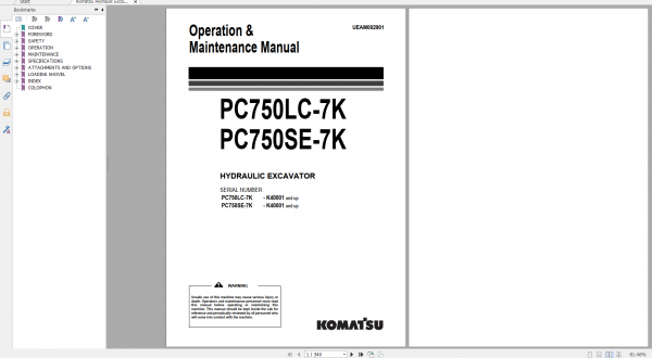 Komatsu Hydraulic Excavator PC750LC 7K PC750SE 7K Operation Maintenance Manual UEAM002901 2005