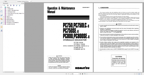 Komatsu Hydraulic Excavator PC750PC750LC 6 PC750SE 6 PC800 PC800SE 6 Operation Maintenance Manual SEAM010901P 1999