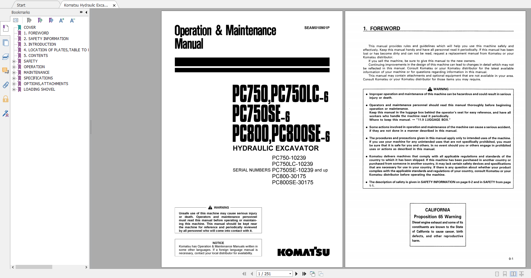 Komatsu Hydraulic Excavator PC750PC750LC 6 PC750SE 6 PC800 PC800SE 6 Operation Maintenance Manual SEAM010901P 1999