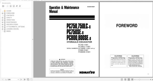 Komatsu Hydraulic Excavator PC750PC750LC 6 PC750SE 6 PC800 PC800SE 6 Operation Maintenance Manual SEAM010905P 2003