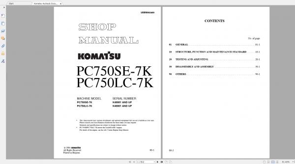 Komatsu Hydraulic Excavator PC750SE 7K PC750LC 7K Shop Manual UEBM002400 2004