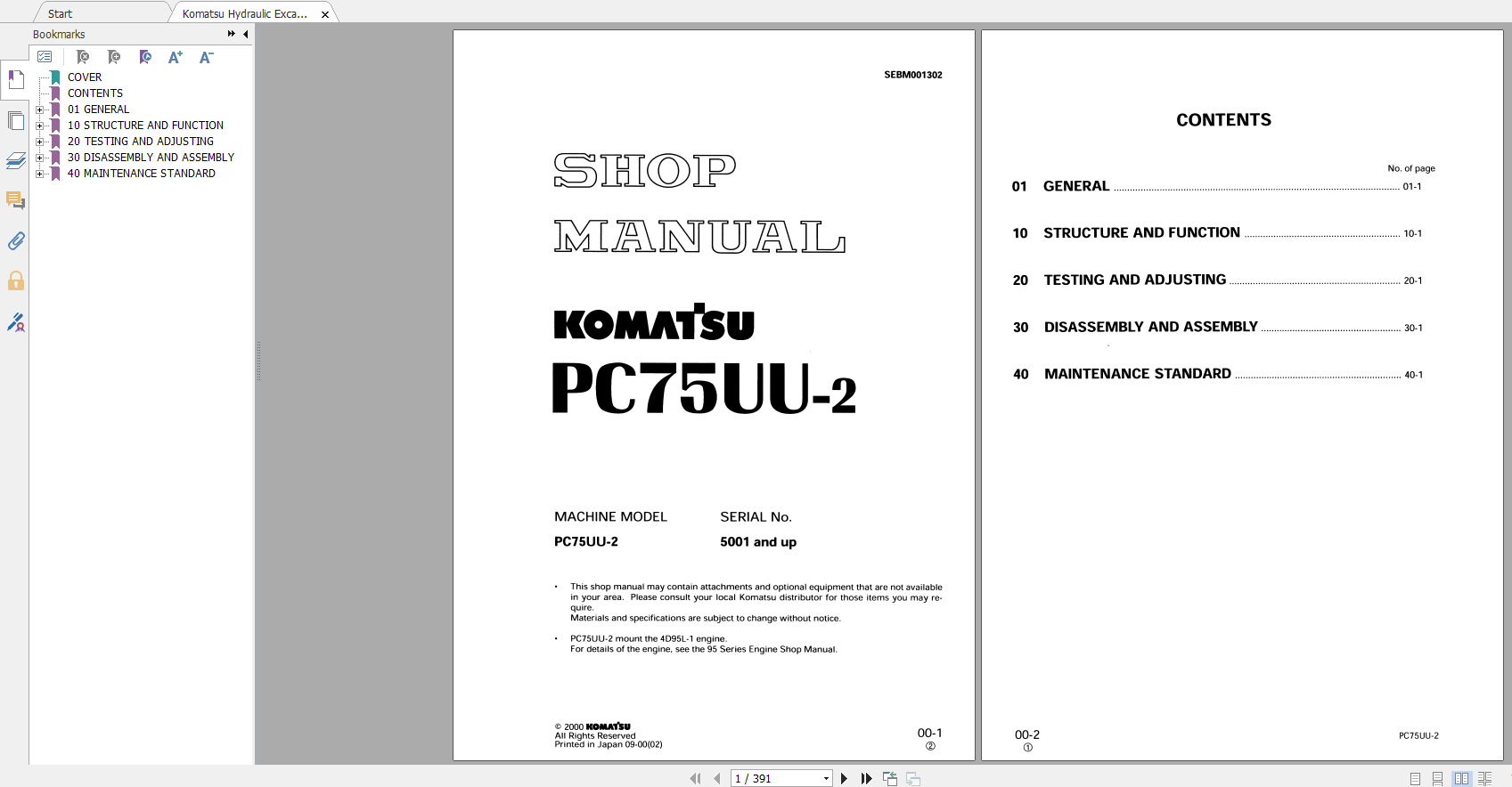 Komatsu Hydraulic Excavator PC750UU 2 Shop Manual SEBM001302 2000 1